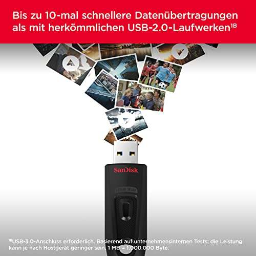 SanDisk Ultra 128 GB, USB 3.0 Stick Flash Drive, mit bis zu 130 MB/s Lesegeschwindigkeit, Schwarz (PRIME)