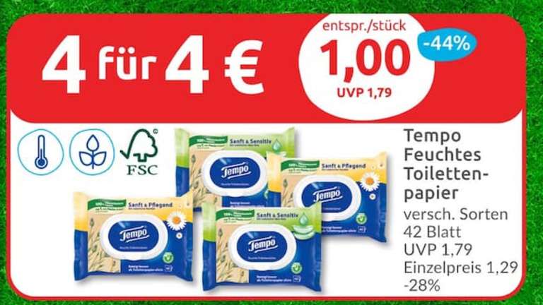 [Lokal] Tempo Feuchte Toilettentücher bspw. "Sanft & Pur" - 4 Packungen mit je 42 Tüchern für 4€ - also 1€ pro Packung