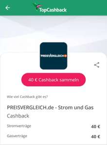 Topcashback: Preisvergleich 40€ Cashback auf Vertragsabschlüsse von Stromverträgen und Gasverträgen
