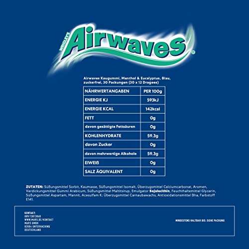 Airwaves Kaugummi | Menthol & Eucalyptus | Frischer Atem | Blau, zuckerfrei | 30 Packungen (30 x 12 Dragees) für 13,29€ (Prime Spar-Abo)