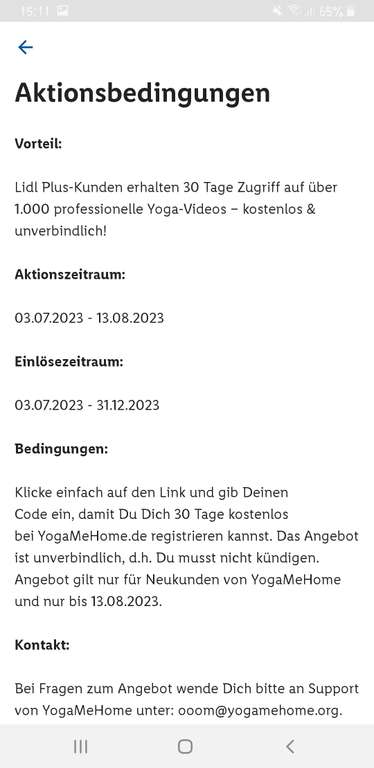 (Lidl Plus App) 30 Tage Yoga gratis für Neukunden (statt 7 Tage) | Code für ALLE im Dealtext Freebie