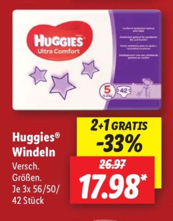 Lidl Huggies Windeln 2+1 gratis verschiedene Größen 3, 4, 5