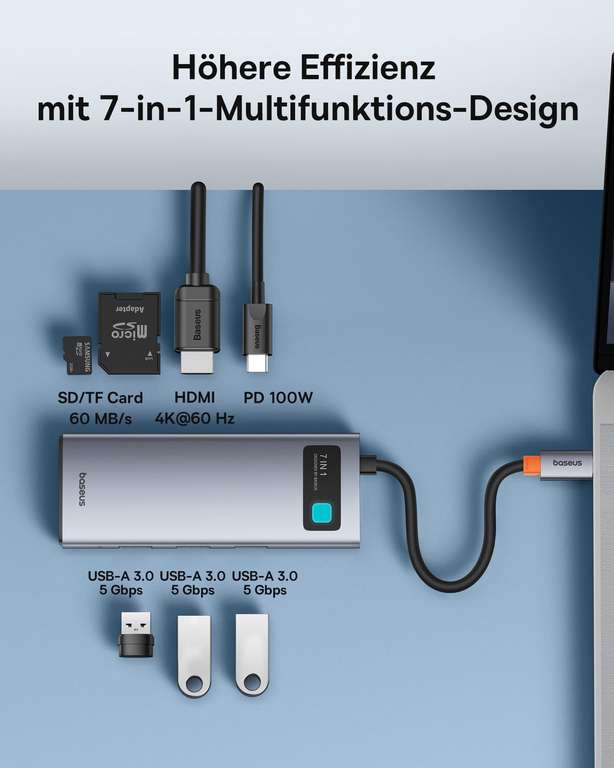 Baseus USB C Hub 7 in 1 Adapter mit 4K@60Hz HDMI, 100W PD, 3 USB-A 3.0 5Gbps, SD/TF Kartenleser, USB Docking Station - Prime