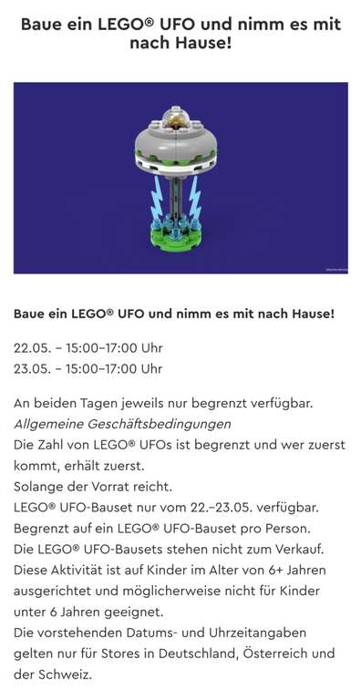 Gratis LEGO Mini-Modell Bautag: UFO [Lokal LEGO Stores]