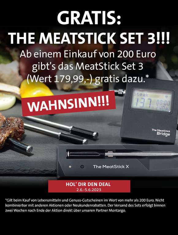Für 200€ Lebensmittel oder Genussgutscheine für 200€ + X kaufen und Meatstick Set 3 (Idealo: 149€) gratis dazu erhalten
