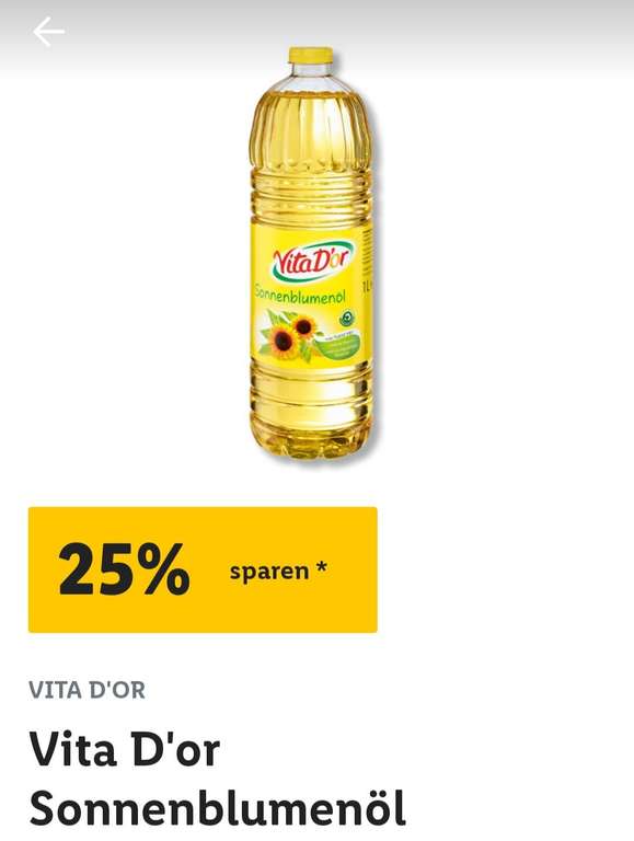 [Lidl Plus] 25% Rabatt auf Lidl Vita D'or Sonnenblumenöl 1L (Maximal 10 Flaschen)