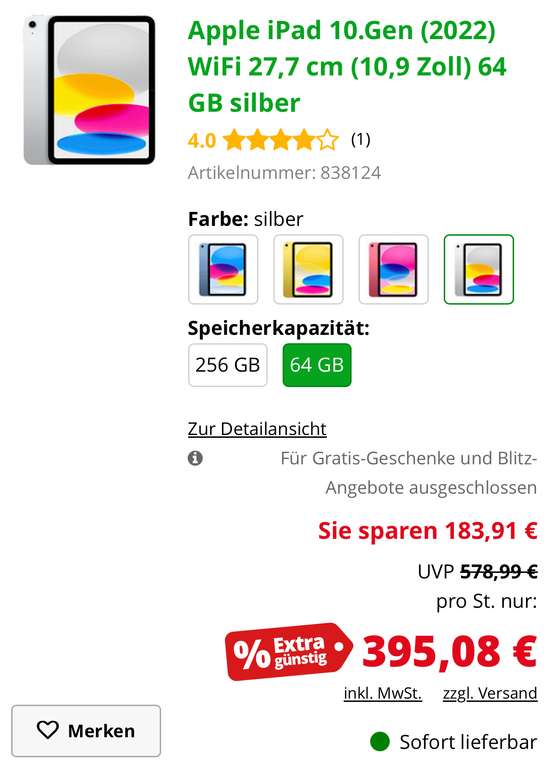 Apple iPad 10.Gen (2022) WiFi 27,7 cm (10,9 Zoll) 64 GB silber für eff, 385,07€