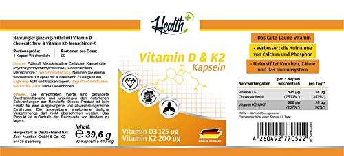50% Rabatt auf Vitamin D3 & K2 [Made in Germany] von Health+ Zec+ auf Amazon