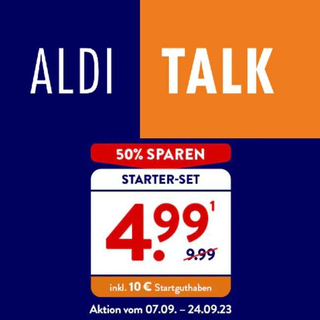 Aldi Talk Prepaid Starter-Set für 4,99 € im Telefonica-Netz mit 5G (erste Tarifbuchung inklusive: 20 GB)