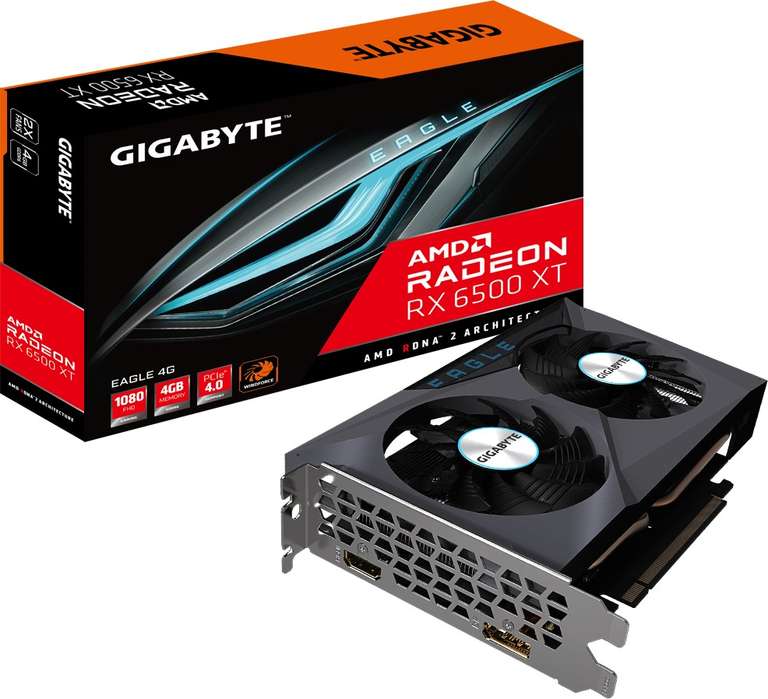 Gigabyte Radeon RX 6500 XT Eagle 4G (2610-2815MHz Boost, 4GB GDDR6, 1x 6-Pin PCIe, 107W TGP, Dual-Slot, 2x 80mm-Lüfter, HDMI 2.1, DP 1.4a)