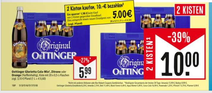Marktkauf Südwest: 2 Kisten Oettinger Glorietta Cola-Mix, Zitrone oder Orange für 10,- Euro