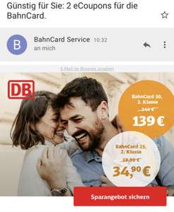Günstig für Sie: 2 eCoupons für die BahnCard (personalisiert)