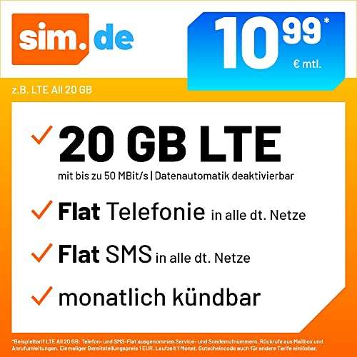 Amazon: Drillisch/sim.de 6GB Allnet für 5,99€/M (1 Monat Kündigungsfrist) + 6€ AG im Telefonica Netz / 20GB für 10,99€/M + 6€AG / 18GB 9,99€