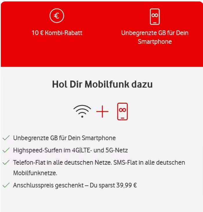 Vodafone Netz, GigaKombi, Sim Only: Allnet/SMS Flat Unbegrenzt 5G für 16,66€/Monat (15,41€ mit Check24 Gutschein)