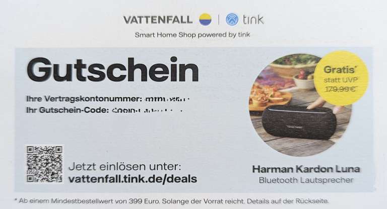 Vattenfall + Tink Gutscheine: Gratis WiZ SQUIRE (MBW 30 Eur) oder gratis Harman Kardon Luna (MBW 399 Eur) (personalisiert)