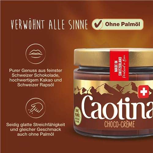 Caotina Schokoladen Creme Brotaufstrich ohne Palmöl mit Nuss und echter Schweizer Schokolade, 1 x 300 g (Amazon Prime) n