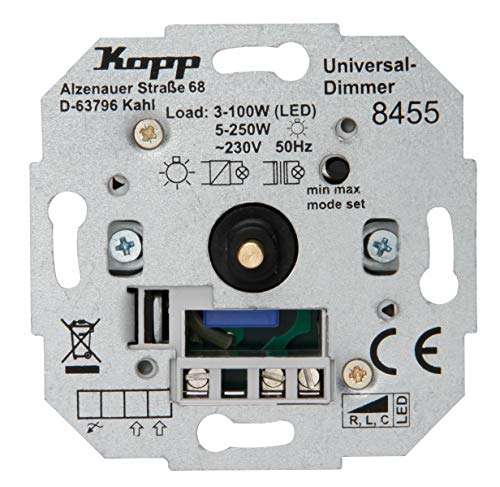 Kopp Universal Druckwechsel-Dimmer Sockel, für LED, Phasenan- und Phasenabschitt, LED 3-100 Watt, Glühlampen 10-250 W, 845500181