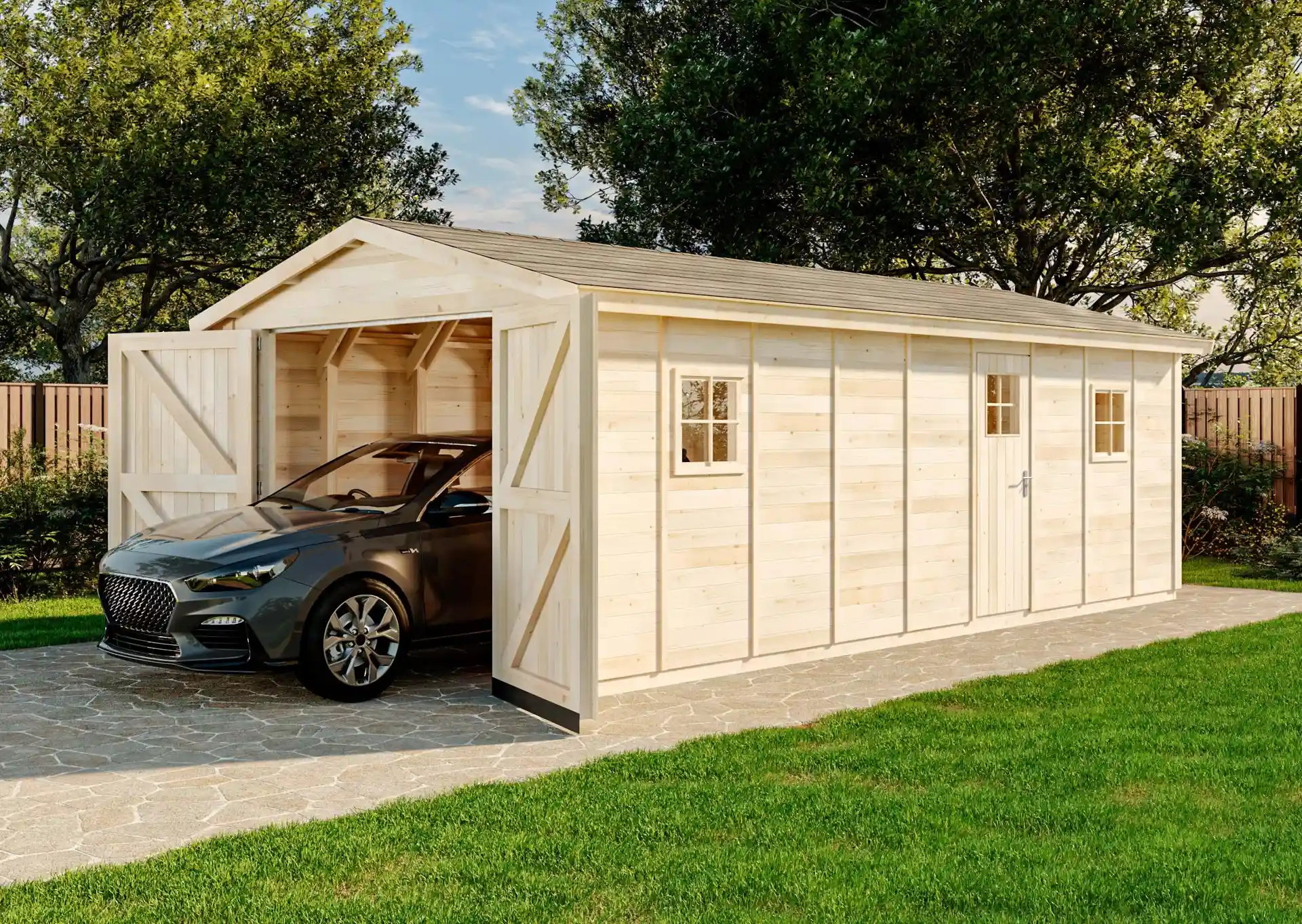Alpholz Holzgarage 3,96 x 7,42m mit Geräteraum + Doppeltor - B-Ware // auch weitere Einzelgaragen , Sauna, Gartenhäuser im Sale