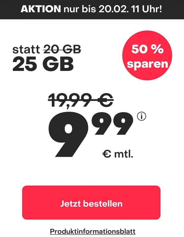 [1&1-Netz] Tarif mit 5G, 25GB Allnet Flat, 9,99€ mtl. kündbar AG 19,99€ (9,99€ bei 24 Monaten LZ)