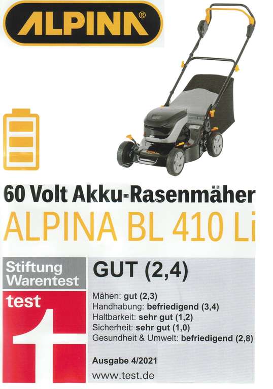 Stiga Alpina 60 Volt 4Ah Akku Rasenmäher BL410 mit 41cm Schnittbreite