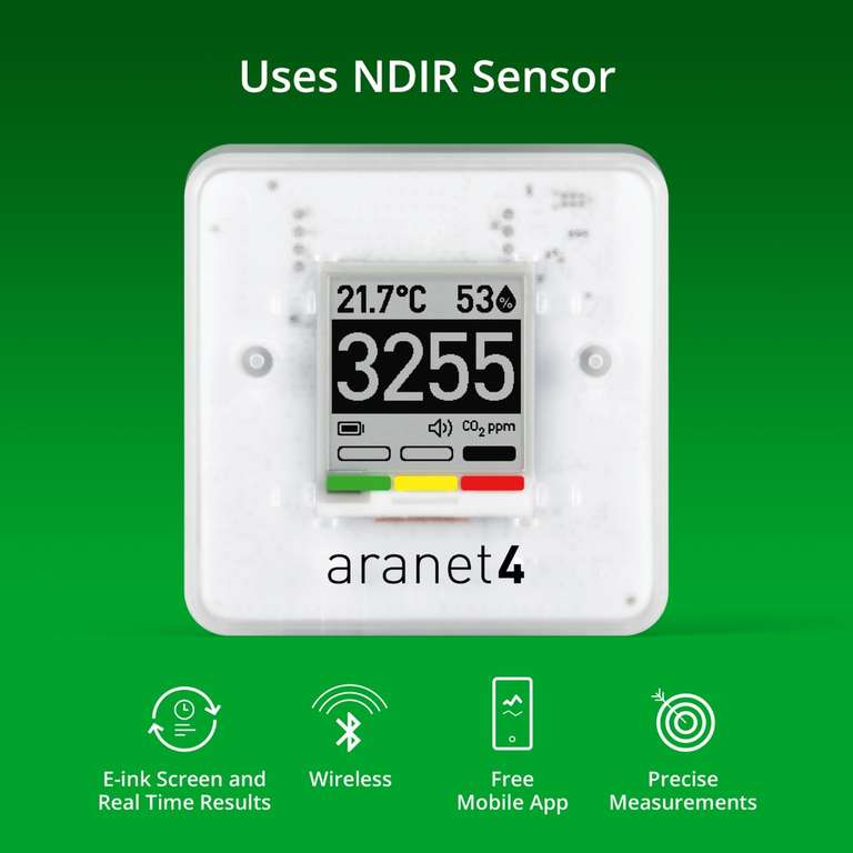 Aranet4 HOME CO₂ NDIR Messgerät (Bluetooth, E-Ink, App, Homeassistant, 5 Jahre Batterielaufzeit; Alarm) - CO2/Temperatur/Luftfeuchte/Druck
