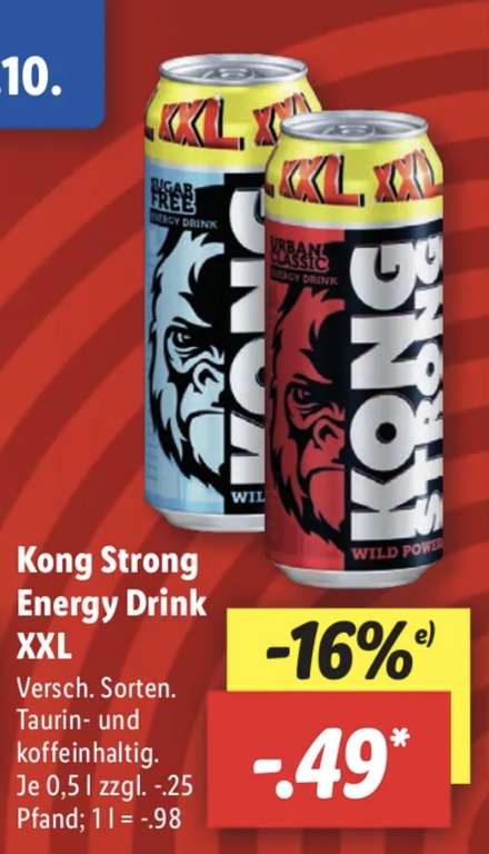 [Lidl ab 26.10.] Kong Strong Energy Drink XXL Classic & Sugar Free 0,5L für 49 Cent