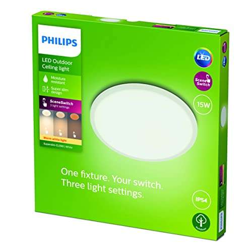Philips Outdoor LED Deckenleuchte Superslim, weiß, 15W, warmweißes Licht 2.700K, 3 Lichteinstellungen, IP54 Schutzklasse