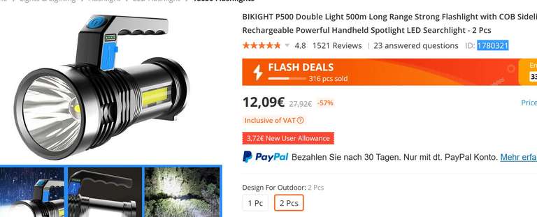 2 Stück Bikight P500 Taschenlampen, Doppel-Leuchte, incl. Akku, USB Ladung - Doppelpack