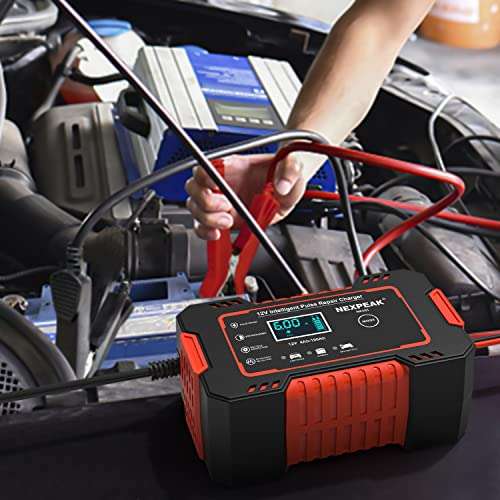 6A Autobatterie Ladegerät, 12V KFZ Batterieladegerät mit Temperaturkompensation für Auto LKW Motorrad Rasenmäher Boot Marine Batterien Rot
