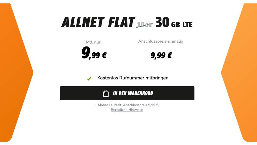 Vodafone-Netz] Black Friday bei klarmobil: monatlich kündbarer 30GB Tarif  für 9,99€ / Monat mit 50 Mbit/s + Allnet- & SMS-Flat | 9,99€ AG | mydealz