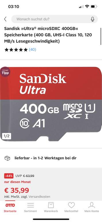 SanDisk Ultra MicroSD 400GB, bis zu 120 MB/s