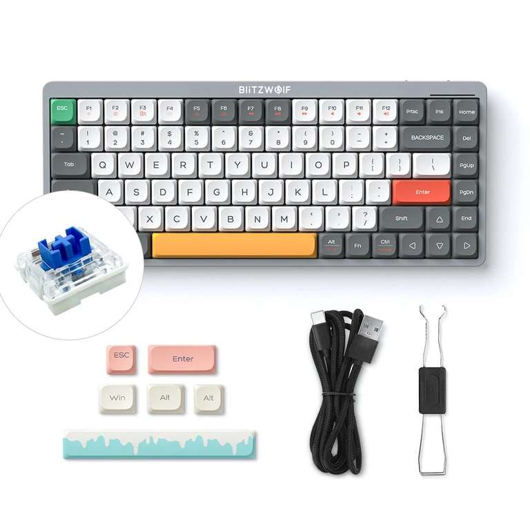BlitzWolf BW-Mini75 Mechanisches Keyboard (QWERTY) - Triple Mode, 84 Keys, RGB, Hot Swappable, Red/Blue Switch - mit Software für Win/IOS