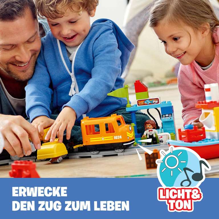 PRIME LEGO DUPLO Güterzug, „Push & Go“-Lok mit Lichtern und Geräuschen, Funktionssteinen und 2 Kränen 10875