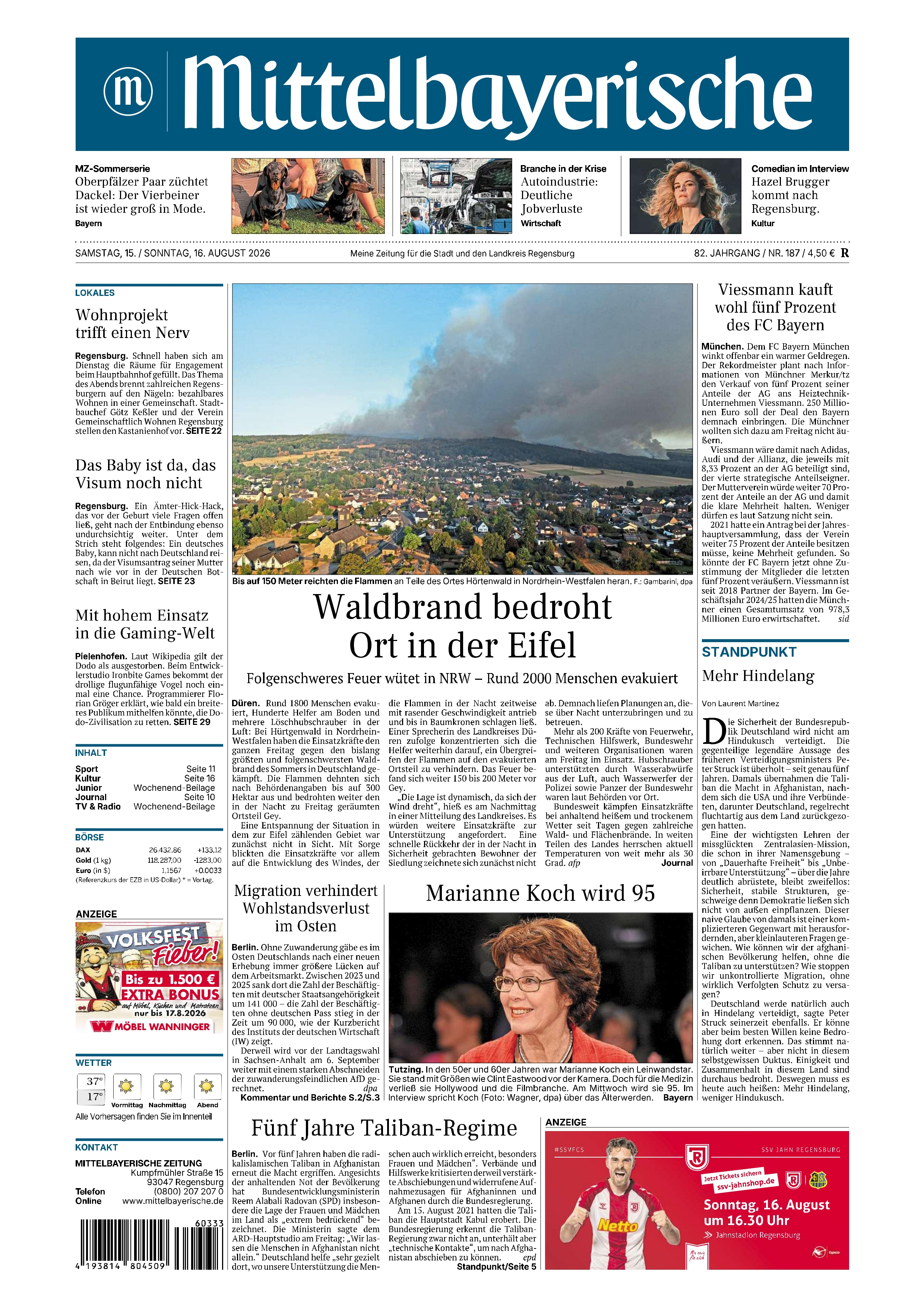 ePaper der MZ (Mittelbayerische Zeitung) Wochenendausgabe heute 15.08. und morgen 16.08. kostenlos lesen