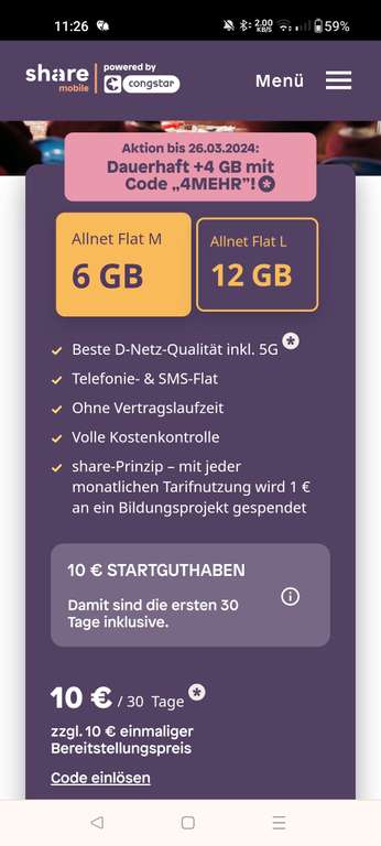 Share-mobile (Congstar / Telekom) 5g mit 4GB Extra durch Code 4mehr / 10GB für 10€ oder 16GB für 15€