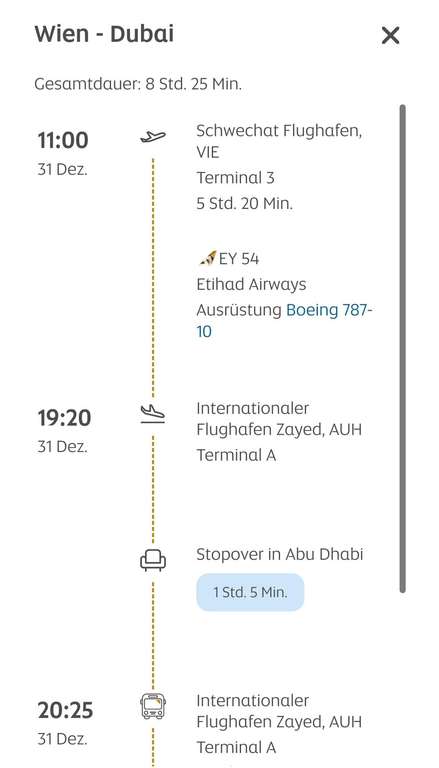 Flüge: Silvester 2024 in Dubai/Abu Dhabi, Flug ab Wien mit Etihad oneway