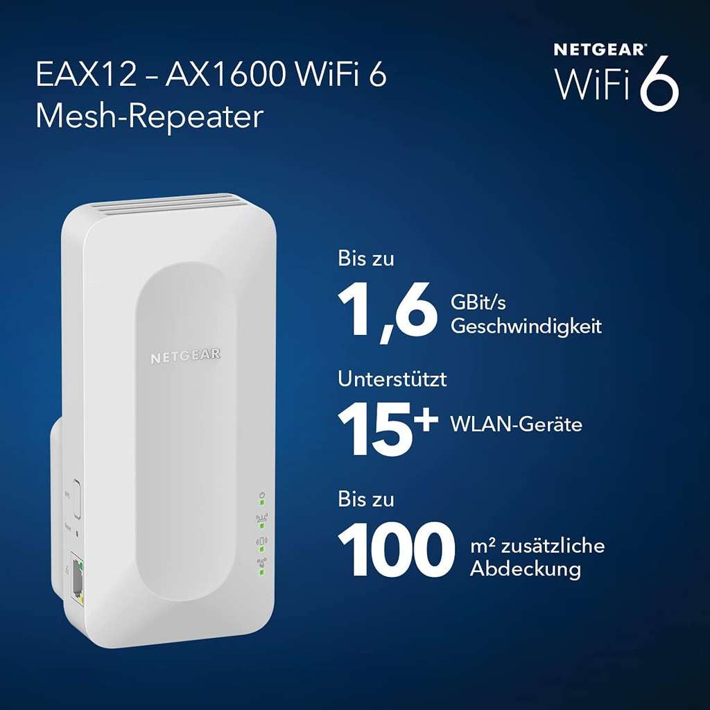 Verspilling Gebakjes Elegantie Netgear EAX12 AX1600 4-Stream Wi-Fi 6 Mesh-Repeater (WLAN  802.11a/b/g/n/ac/ax, MU-MIMO, Gigabit-LAN) | mydealz