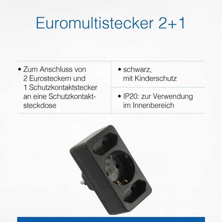 as - Schwabe 49112 Steckdosen-Verteiler Schwarz, 230 V, "2+1" 1x SchuKo 2x Eurostecker (Prime)