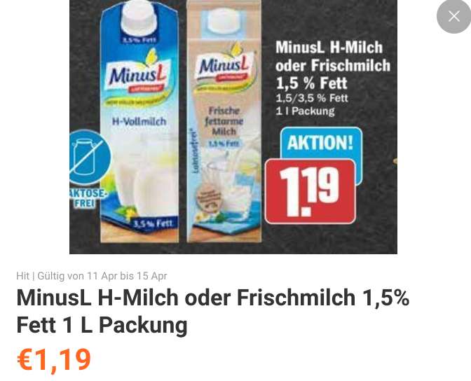 [HIT] MinusL H-Milch 3,5%/1,5% Fettgehalt je 1L-Packung für 0,69 € (Angebot + Coupon)