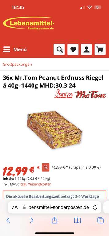 36x Mr.Tom Peanut Erdnuss Riegel á 40g=1440g MHD:30.3.24 Für den echten Mydealer