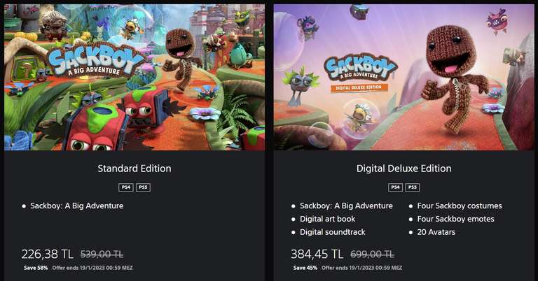 PSN Türkei | Sackboy: A Big Adventure für 11,38€ / Digital Deluxe Edition für 19,33€ PS4 & PS5