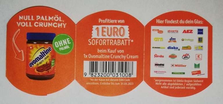 1€ Rabatt Coupon für den Kauf einer Ovomaltine Crunchy Cream bis 31.03.2023