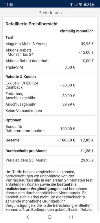 17,95 Check24 Telekom Young 5G 20GB Mobilfunk Vertrag + Cashback