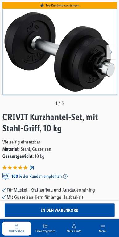 CRIVIT Kurzhantel-Set, mit Stahl-Griff, 10 kg