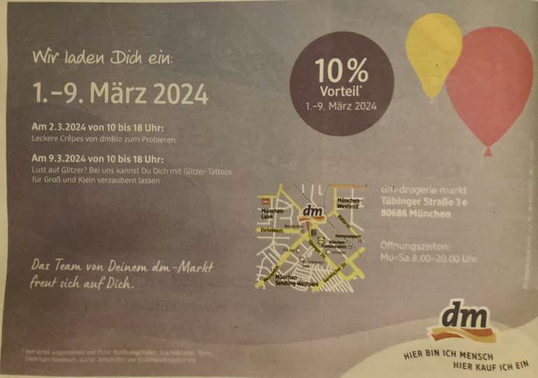 [Lokal München] dm-drogerie Tübinger Straße - 10% Rabatt 01.-09.03.2024