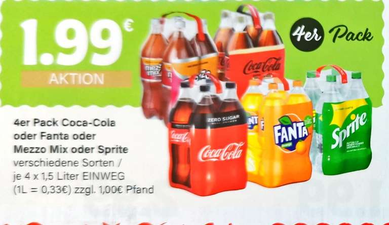 [Lokal Berlin/Potsdam] Coca Cola, Fanta, Sprite versch. Sorten 4x 1,5l für 1,99€