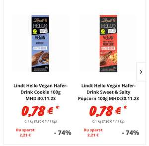 [Lebensmittel-Sonderposten] Lindt vegane Schokolade 0,78€/Tafel, Sweet & Salty Popcorn und Cookie MHD 30.11.