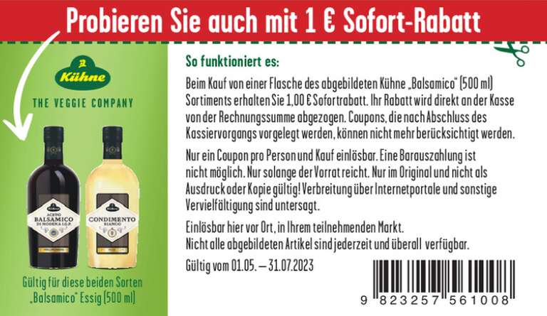 1€ Rabatt Coupon für eine Flasche Kühne Balsamico Essig 500 ml [nur Wasgau?] bis 31.07.2023