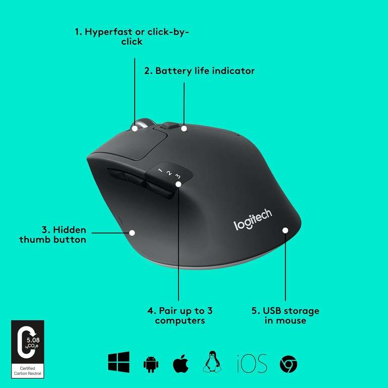 Logitech M720 Triathlon | Bluetooth + USB-Unifying-Empfänger | Easy Switch mit bis zu 3 Geräte
