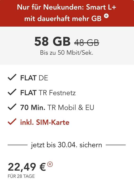 Ayyildiz Prepaid Nur für Neukunden: Smart L+ 58 GB DAUERHAFT